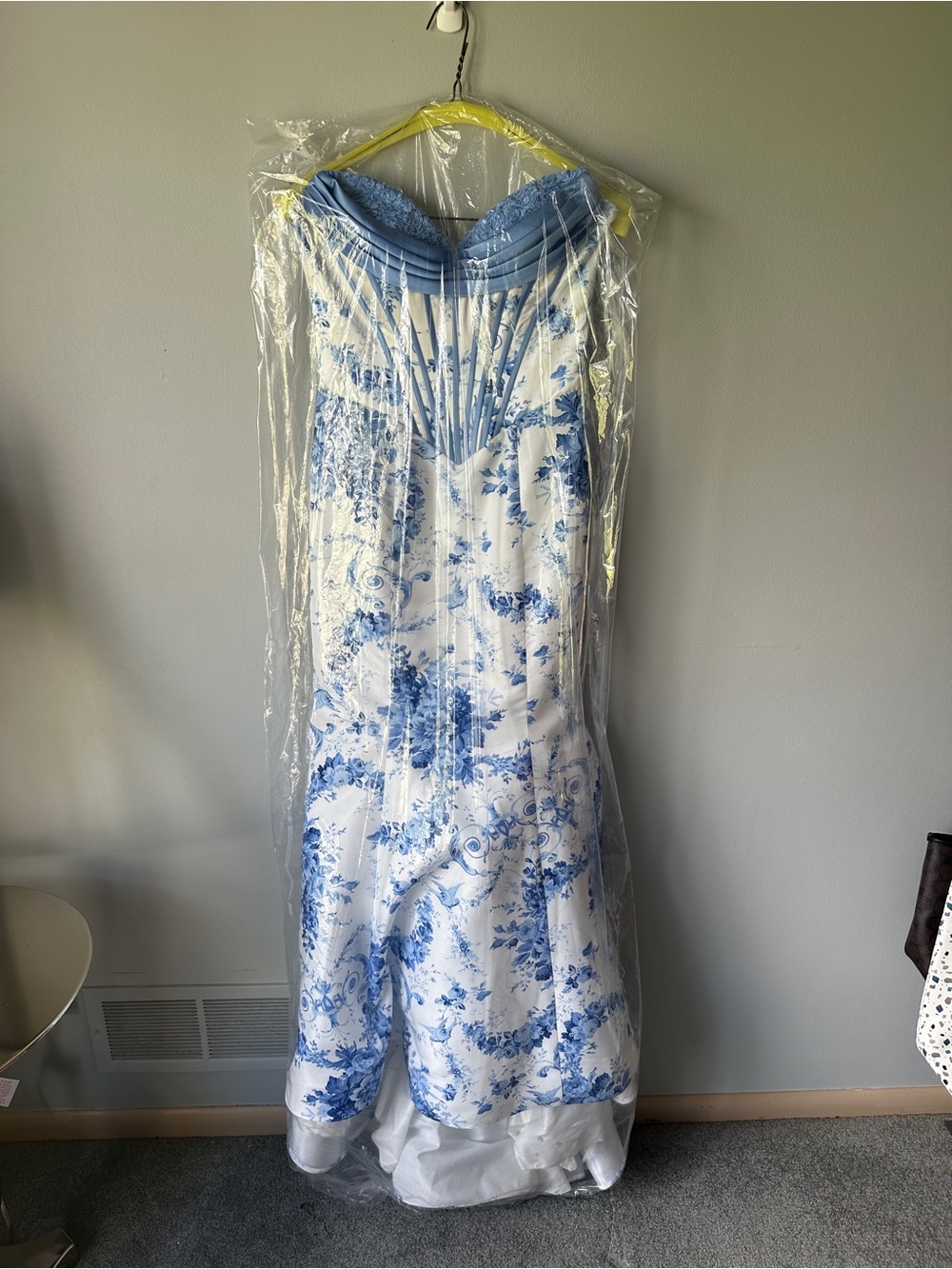 Sherri Hill White Dress with Blue Floral Appliqué